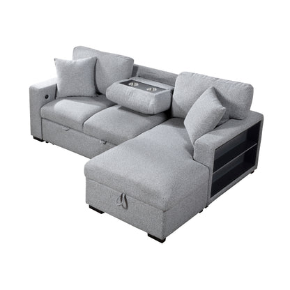 Pompano Sectional with Right Chaise, Pull-out Bed, Hidden Storage and Shelves, Charging Ports