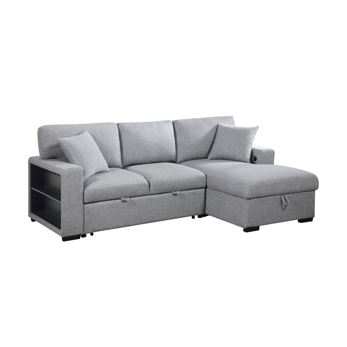 Pompano Sectional with Right Chaise, Pull-out Bed, Hidden Storage and Shelves, Charging Ports