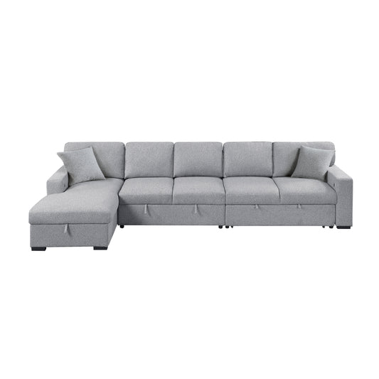 Pompano Sectional with Left Chaise, Pull-out Bed Hidden Storages and Shelves, Charging Ports