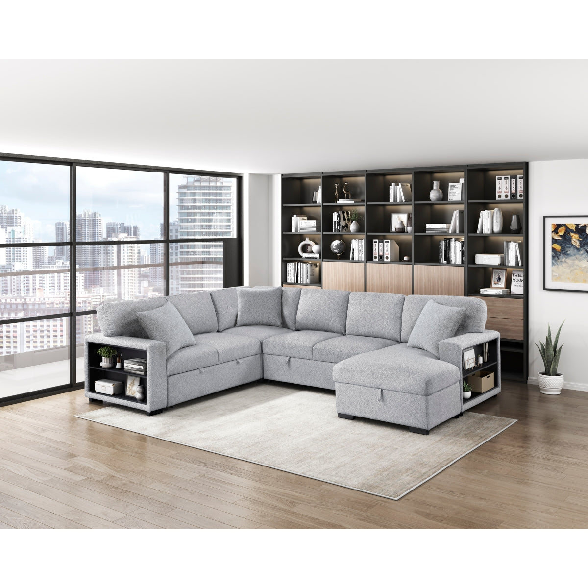 Pompano Sectional with Right Chaise, Pull-out Bed, Hidden Storages and Shelves, Charging Ports