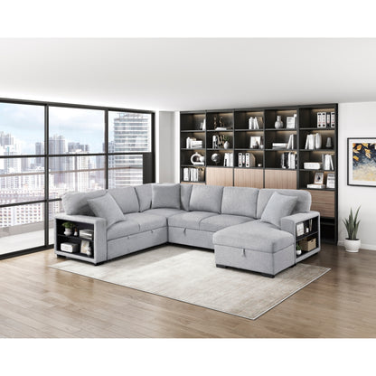 Pompano Sectional with Right Chaise, Pull-out Bed, Hidden Storages and Shelves, Charging Ports