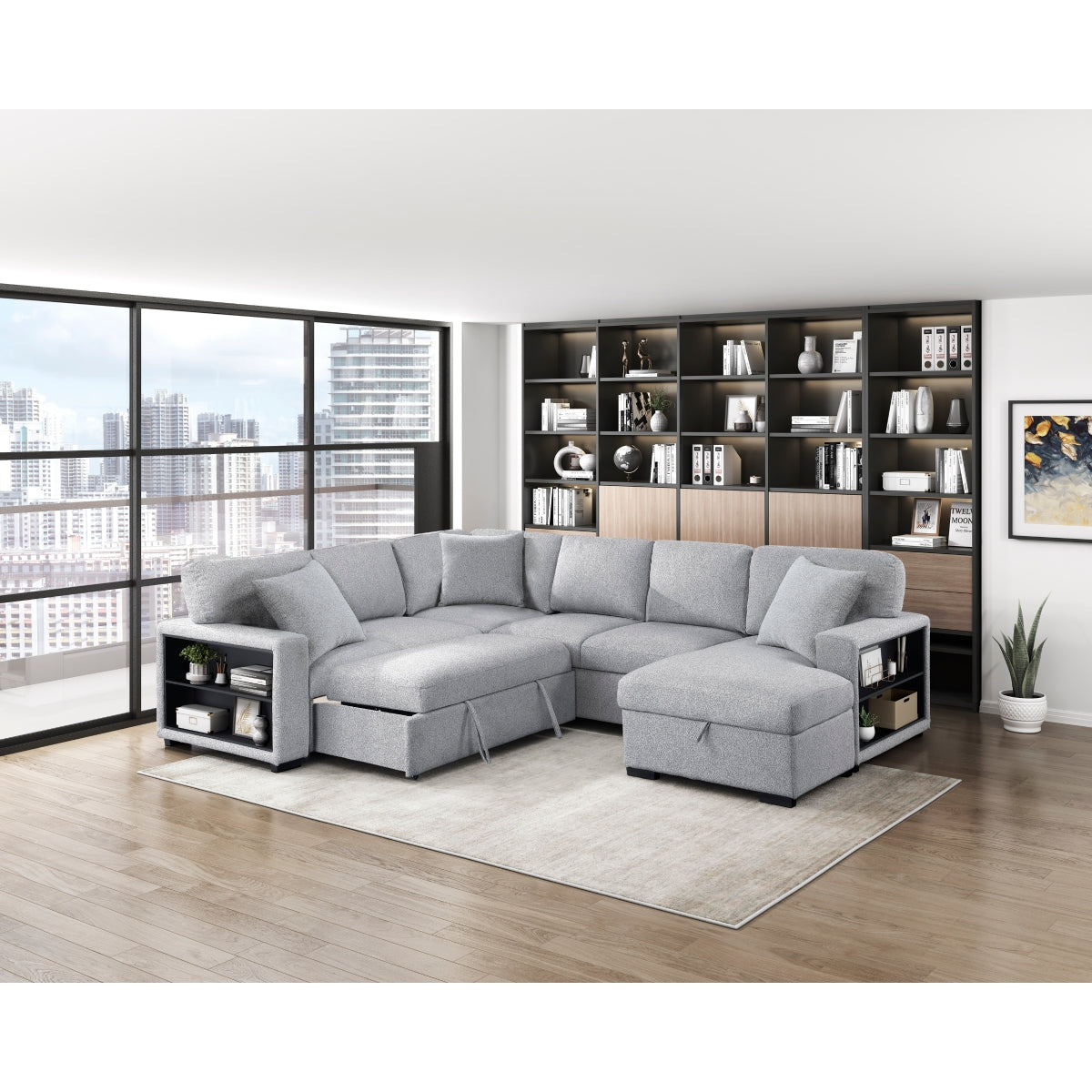 Pompano Sectional with Right Chaise, Pull-out Bed, Hidden Storages and Shelves, Charging Ports