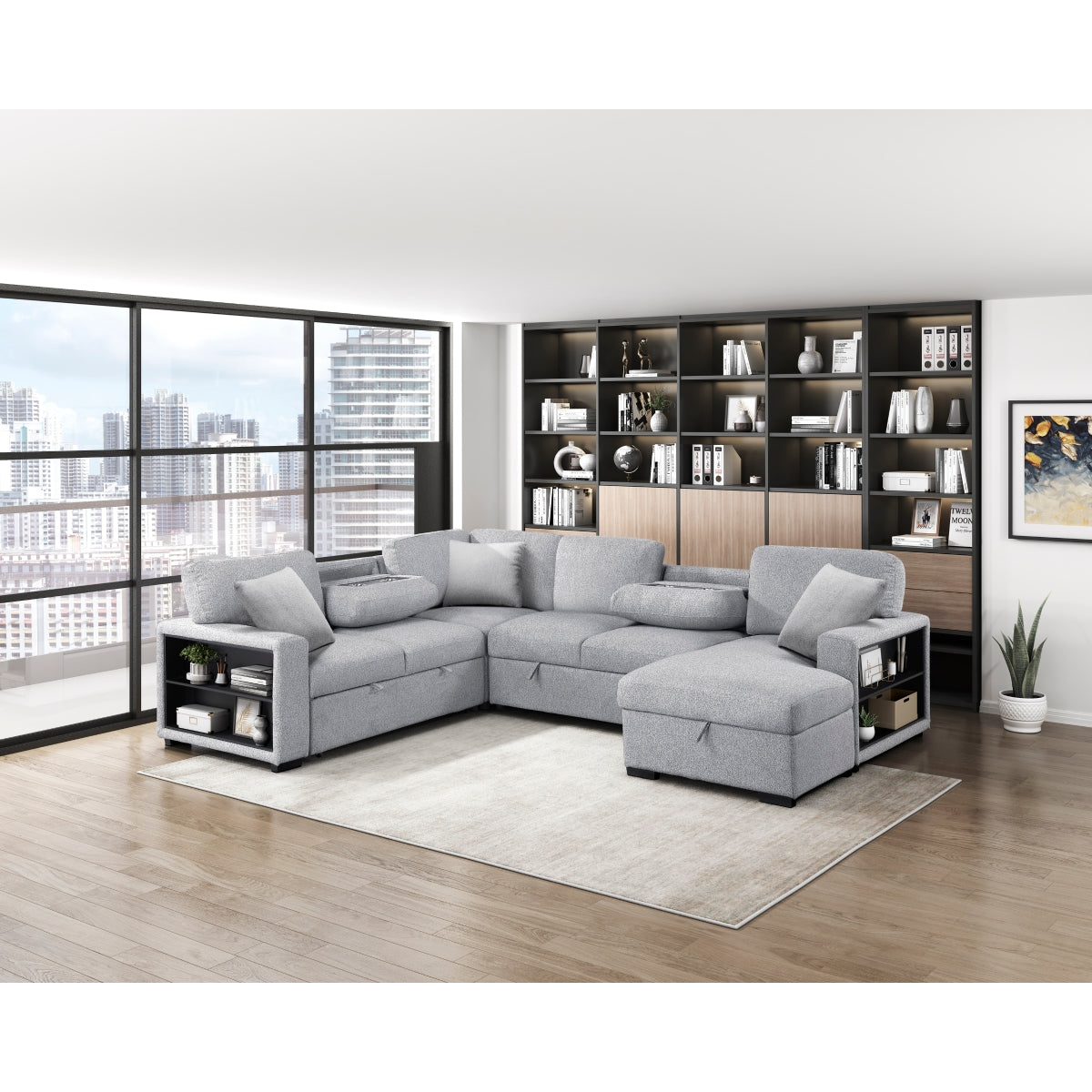 Pompano Sectional with Right Chaise, Pull-out Bed, Hidden Storages and Shelves, Charging Ports