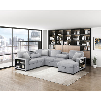 Pompano Sectional with Right Chaise, Pull-out Bed, Hidden Storages and Shelves, Charging Ports