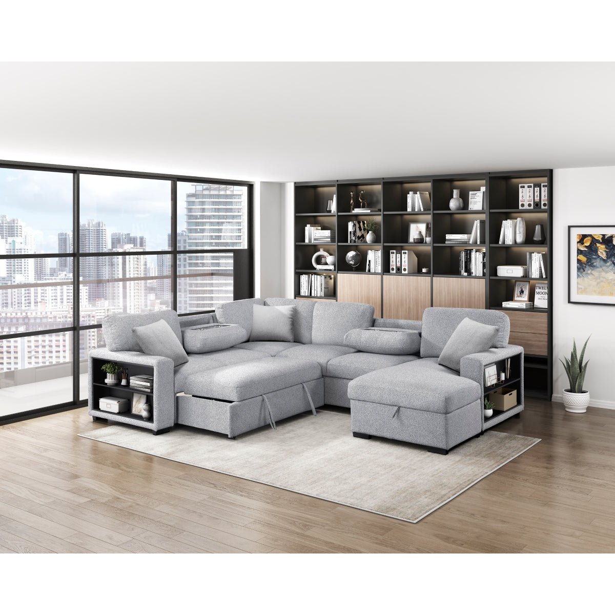 Pompano Sectional with Right Chaise, Pull-out Bed, Hidden Storages and Shelves, Charging Ports