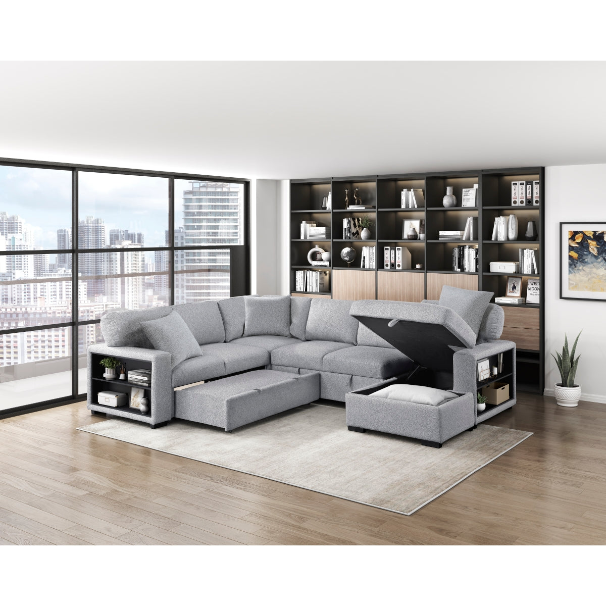 Pompano Sectional with Right Chaise, Pull-out Bed, Hidden Storages and Shelves, Charging Ports