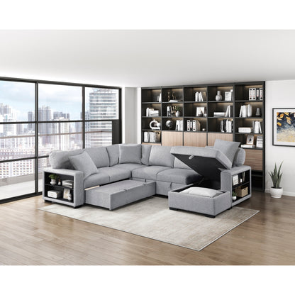 Pompano Sectional with Right Chaise, Pull-out Bed, Hidden Storages and Shelves, Charging Ports