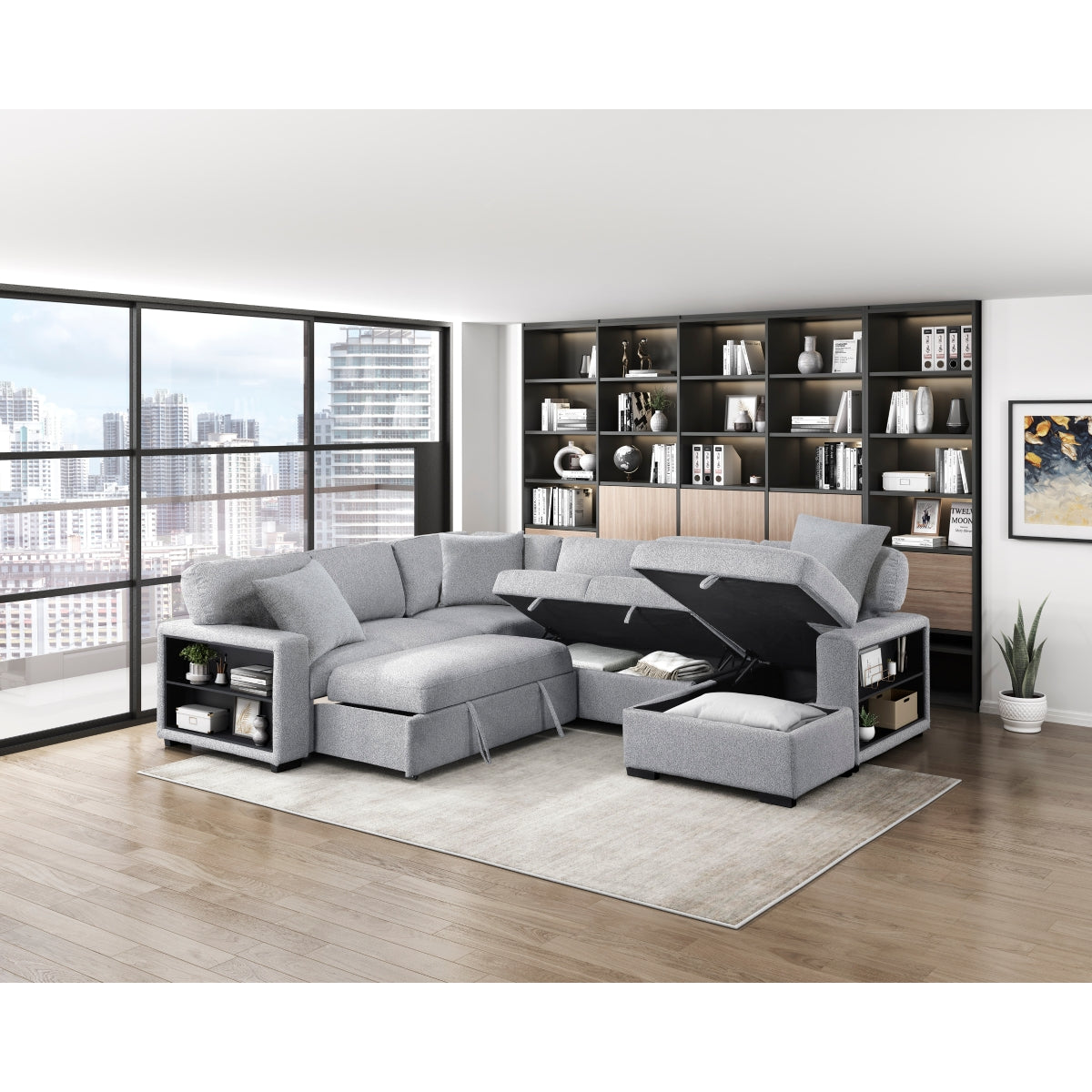 Pompano Sectional with Right Chaise, Pull-out Bed, Hidden Storages and Shelves, Charging Ports
