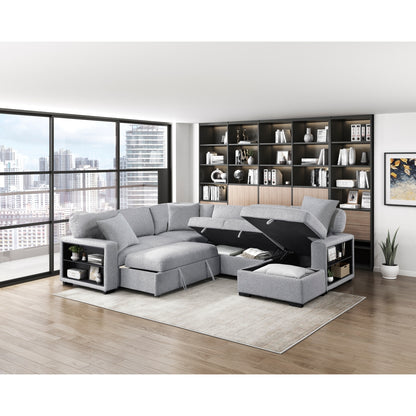 Pompano Sectional with Right Chaise, Pull-out Bed, Hidden Storages and Shelves, Charging Ports
