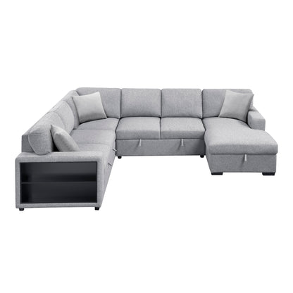 Pompano Sectional with Right Chaise, Pull-out Bed, Hidden Storages and Shelves, Charging Ports