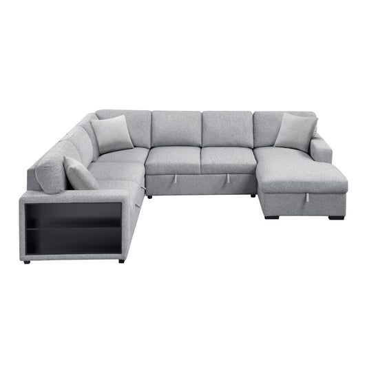 Pompano Sectional with Right Chaise, Pull-out Bed, Hidden Storages and Shelves, Charging Ports