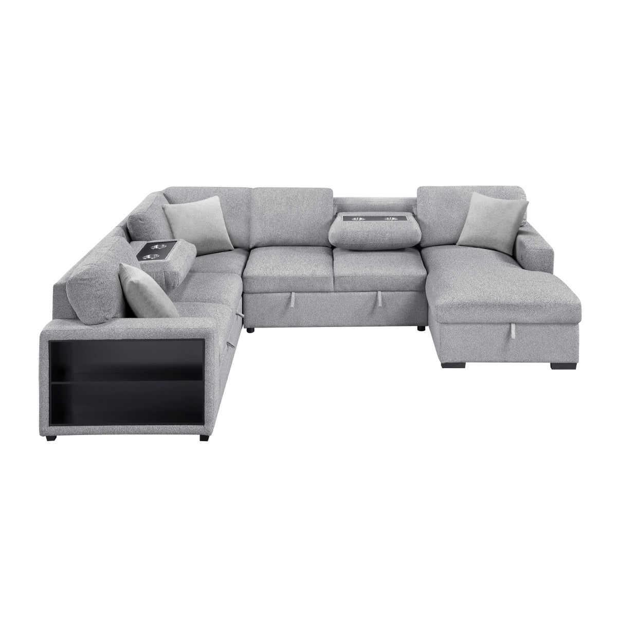 Pompano Sectional with Right Chaise, Pull-out Bed, Hidden Storages and Shelves, Charging Ports