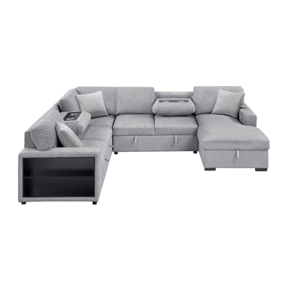 Pompano Sectional with Right Chaise, Pull-out Bed, Hidden Storages and Shelves, Charging Ports