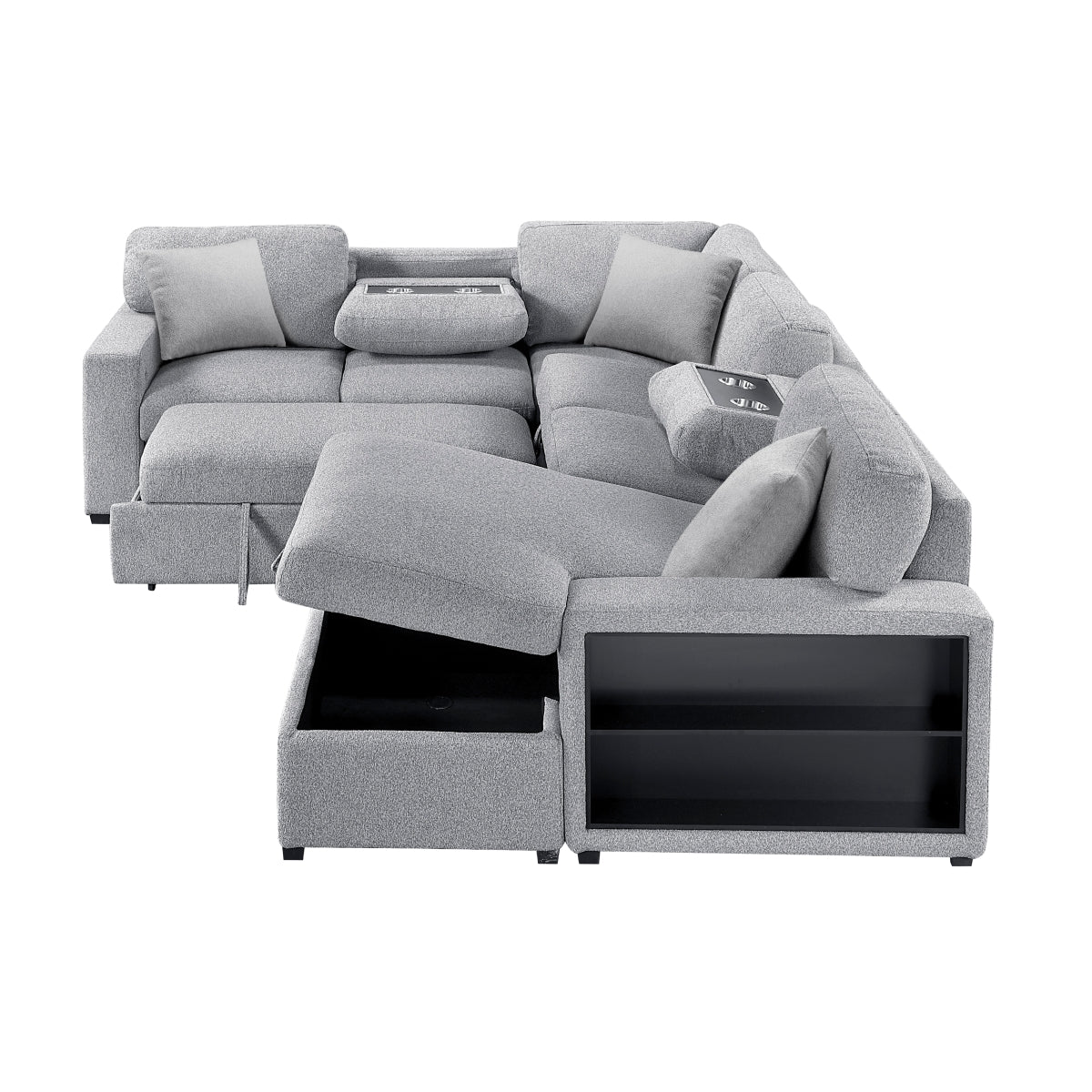 Pompano Sectional with Right Chaise, Pull-out Bed, Hidden Storages and Shelves, Charging Ports