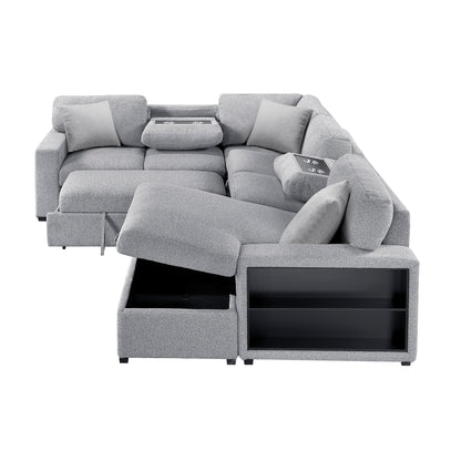 Pompano Sectional with Right Chaise, Pull-out Bed, Hidden Storages and Shelves, Charging Ports