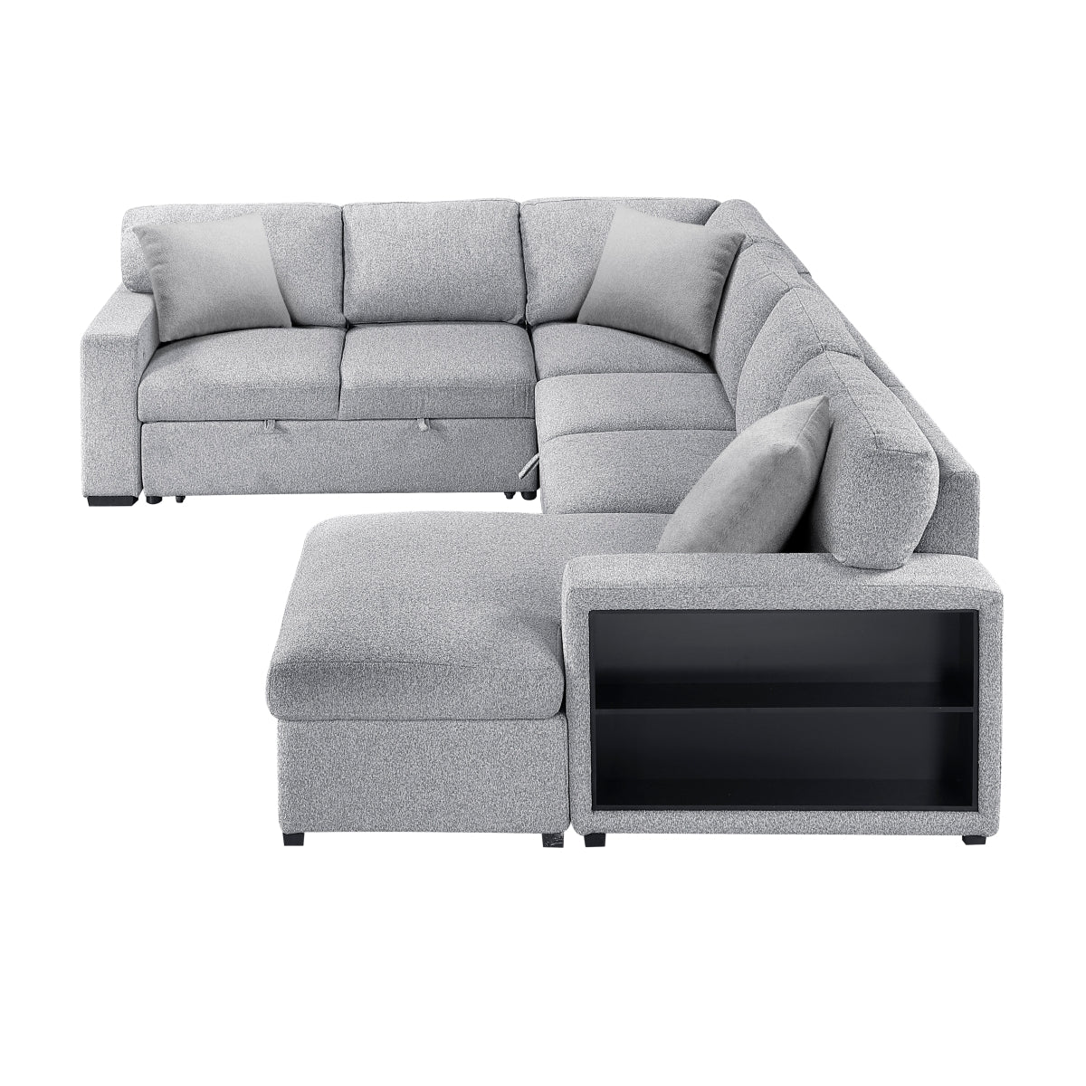 Pompano Sectional with Right Chaise, Pull-out Bed, Hidden Storages and Shelves, Charging Ports