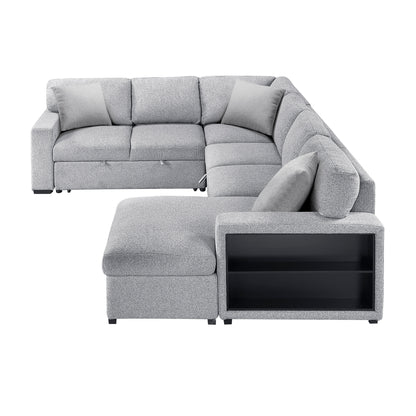 Pompano Sectional with Right Chaise, Pull-out Bed, Hidden Storages and Shelves, Charging Ports