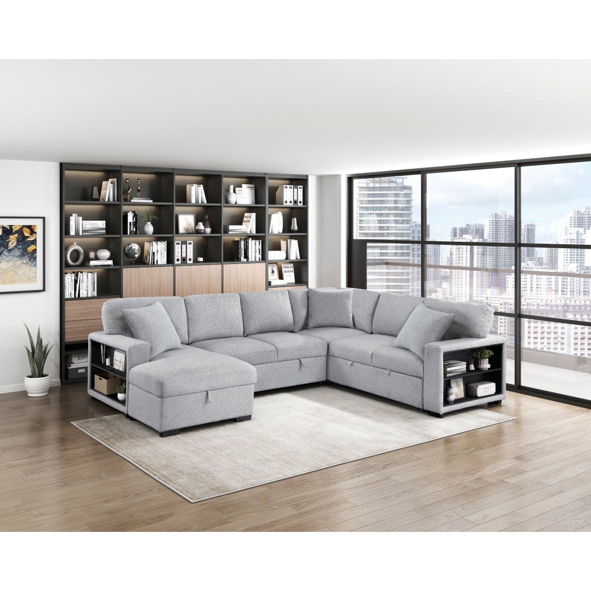 Pompano Sectional with Left Chaise, Pull-out Bed, Hidden Storages and Shelves, Charging Ports