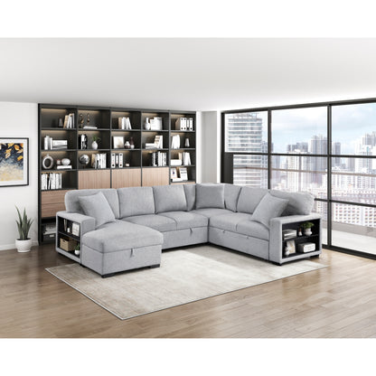 Pompano Sectional with Left Chaise, Pull-out Bed, Hidden Storages and Shelves, Charging Ports