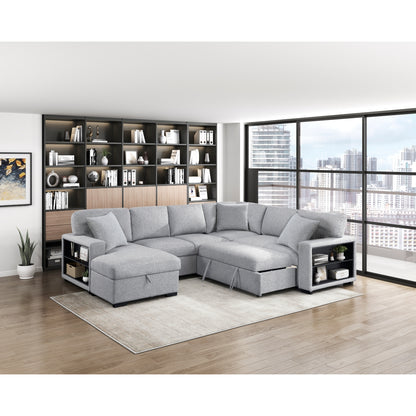 Pompano Sectional with Left Chaise, Pull-out Bed, Hidden Storages and Shelves, Charging Ports