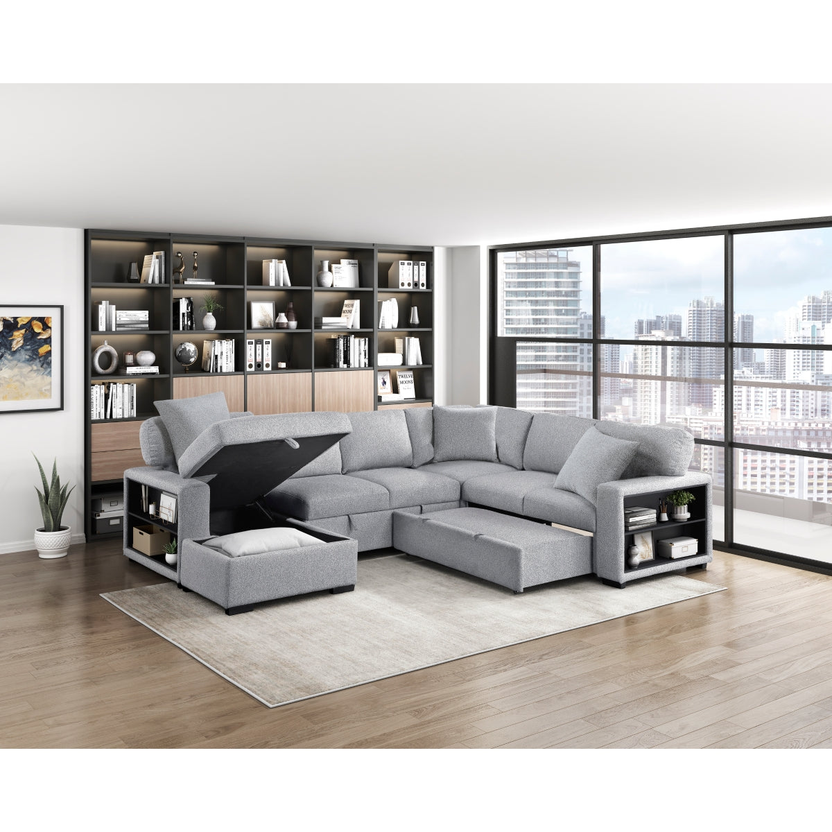 Pompano Sectional with Left Chaise, Pull-out Bed, Hidden Storages and Shelves, Charging Ports