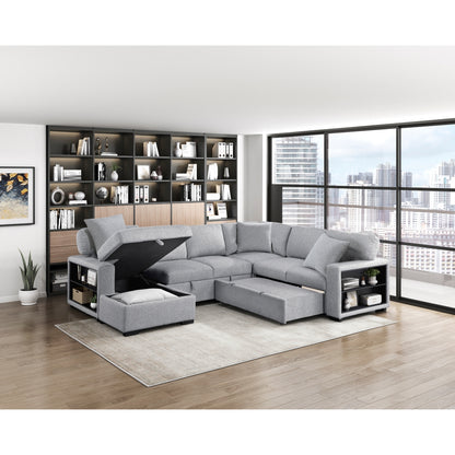 Pompano Sectional with Left Chaise, Pull-out Bed, Hidden Storages and Shelves, Charging Ports