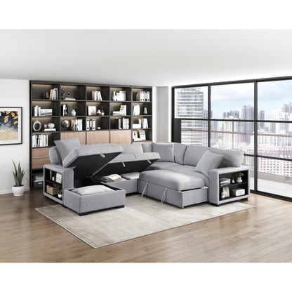 Pompano Sectional with Left Chaise, Pull-out Bed, Hidden Storages and Shelves, Charging Ports