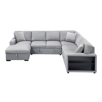 Pompano Sectional with Left Chaise, Pull-out Bed, Hidden Storages and Shelves, Charging Ports