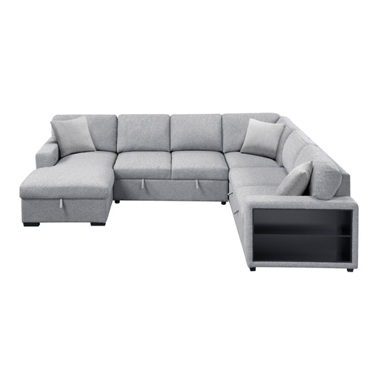 Pompano Sectional with Left Chaise, Pull-out Bed, Hidden Storages and Shelves, Charging Ports