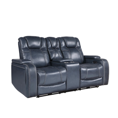Keziah Power Double Reclining Love Seat with Center Console, Power Headrests and Storage Arms - Blue