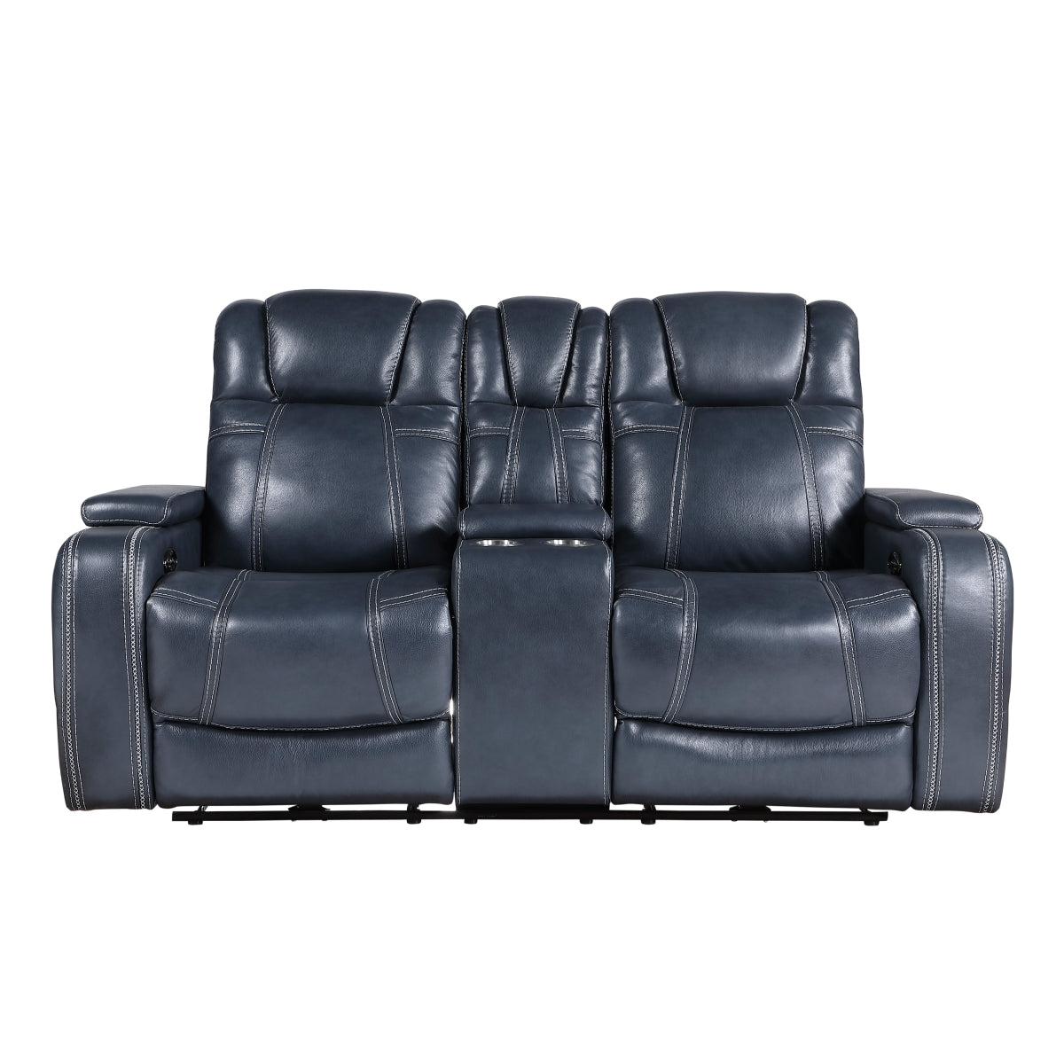 Keziah Power Double Reclining Love Seat with Center Console, Power Headrests and Storage Arms - Blue