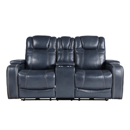 Keziah Power Double Reclining Love Seat with Center Console, Power Headrests and Storage Arms - Blue
