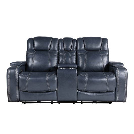 Keziah Power Double Reclining Love Seat with Center Console, Power Headrests and Storage Arms - Blue