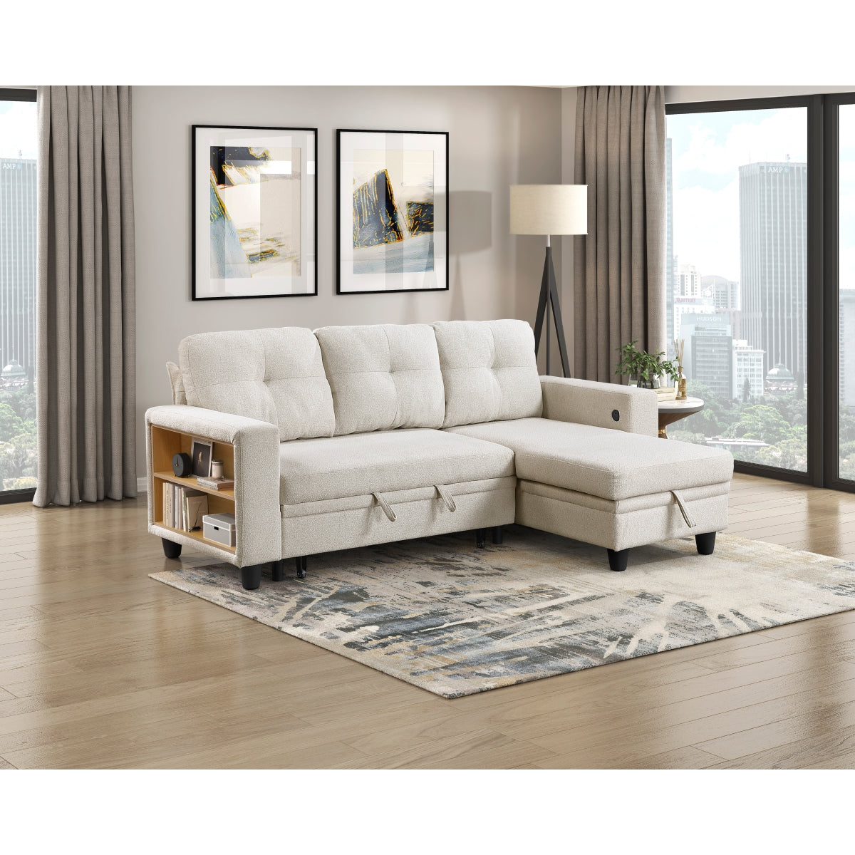 Robinson Sectional with Reversible Chaise, Pull-out Bed, Shelves and Charging Ports
