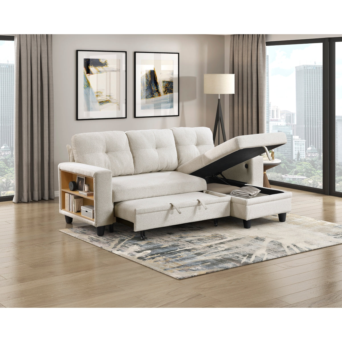 Robinson Sectional with Reversible Chaise, Pull-out Bed, Shelves and Charging Ports