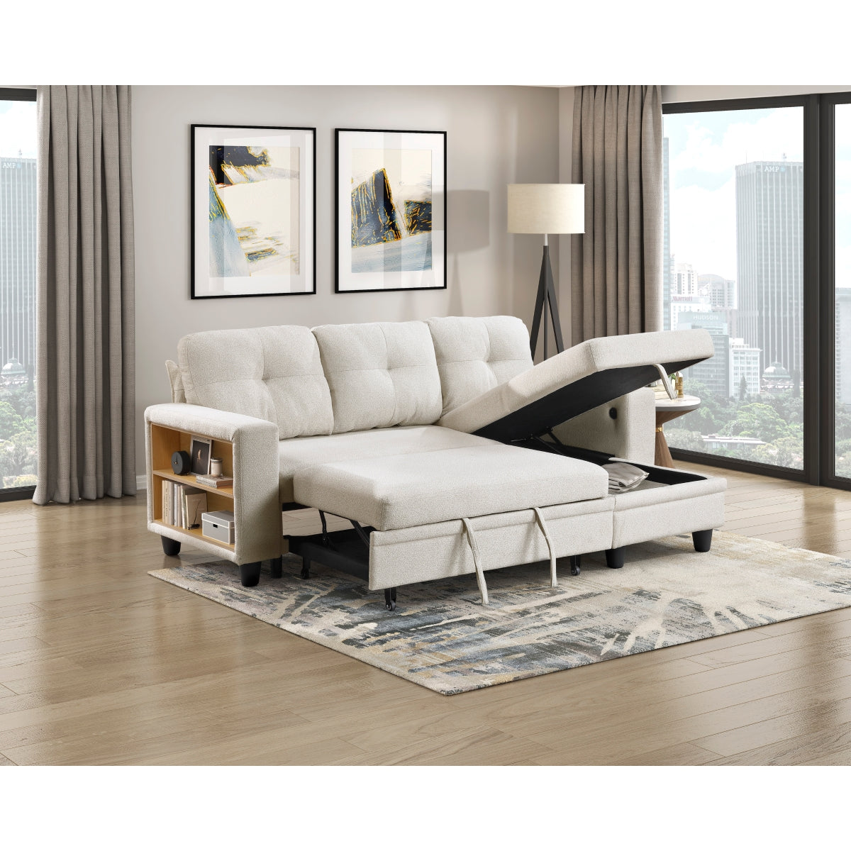 Robinson Sectional with Reversible Chaise, Pull-out Bed, Shelves and Charging Ports