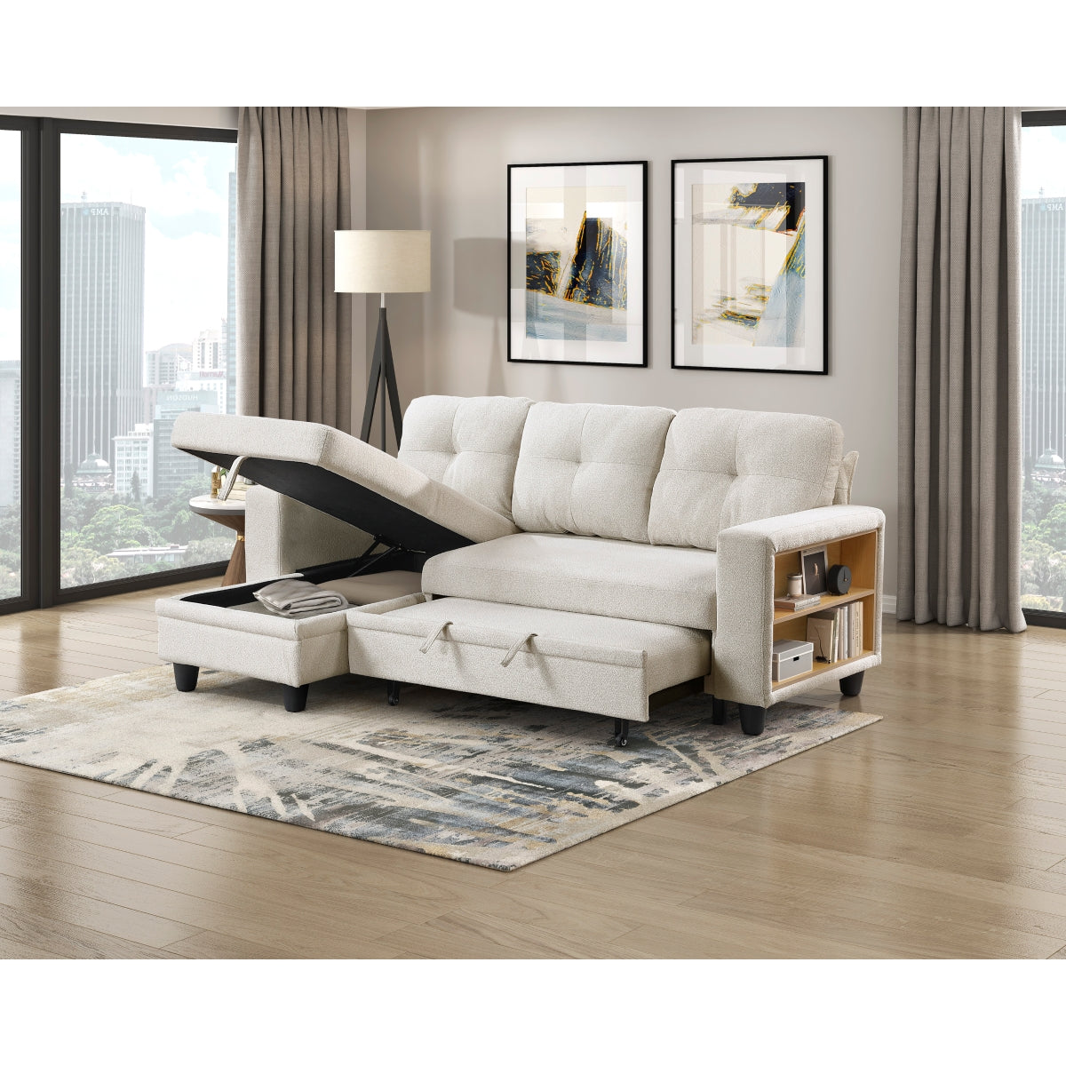 Robinson Sectional with Reversible Chaise, Pull-out Bed, Shelves and Charging Ports
