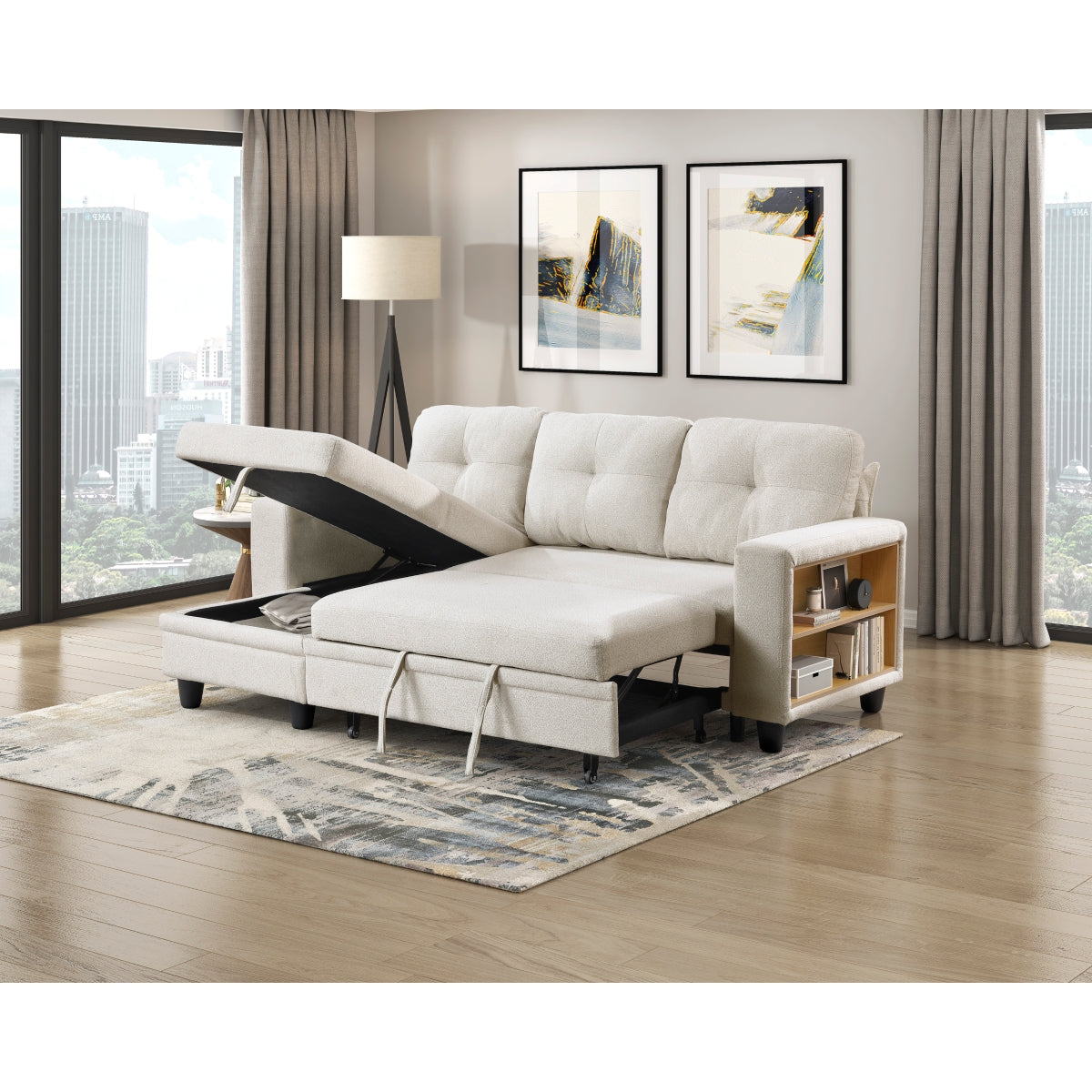 Robinson Sectional with Reversible Chaise, Pull-out Bed, Shelves and Charging Ports