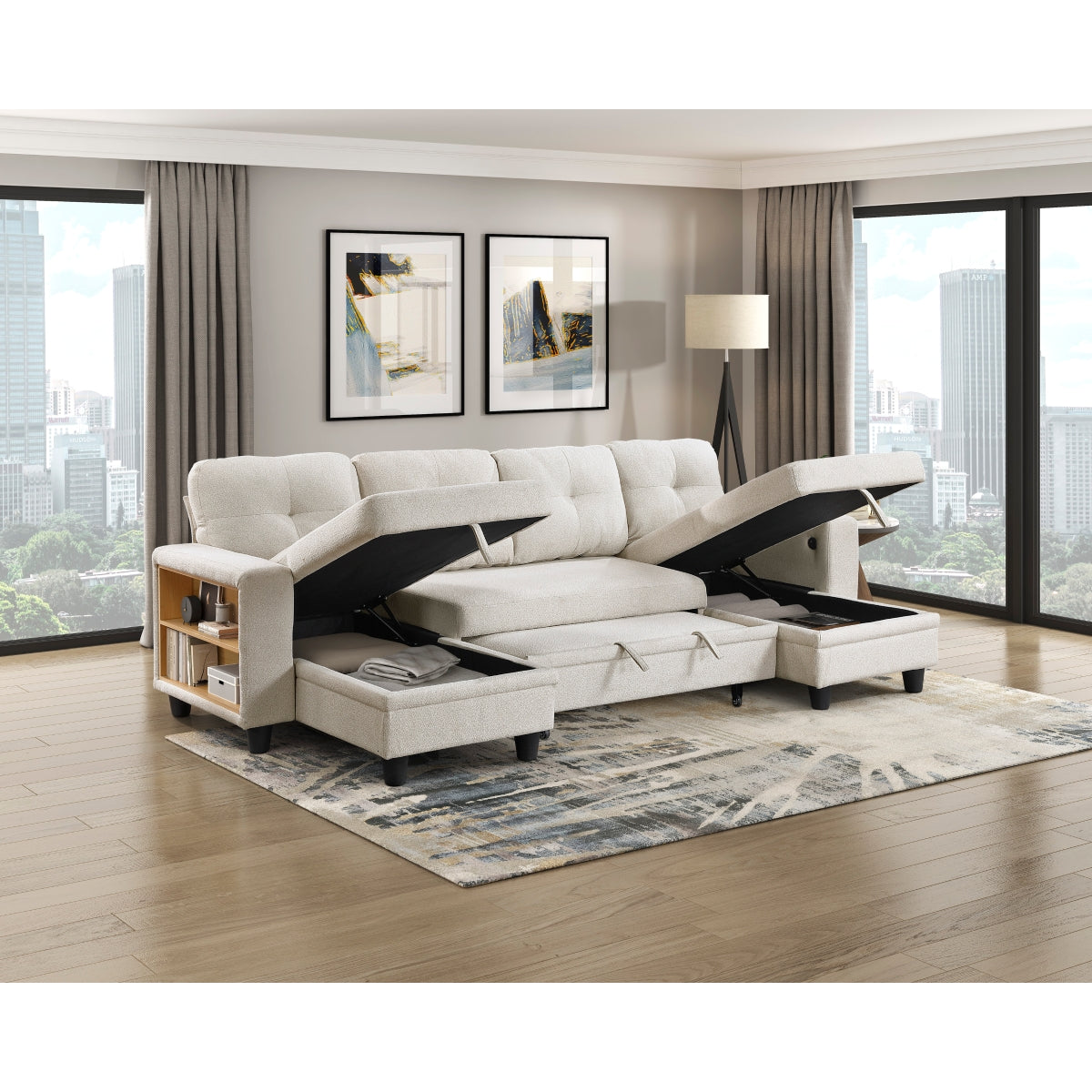 Robinson Sectional with Two Chaises, Pull-out Bed, Shelves and Charging Ports
