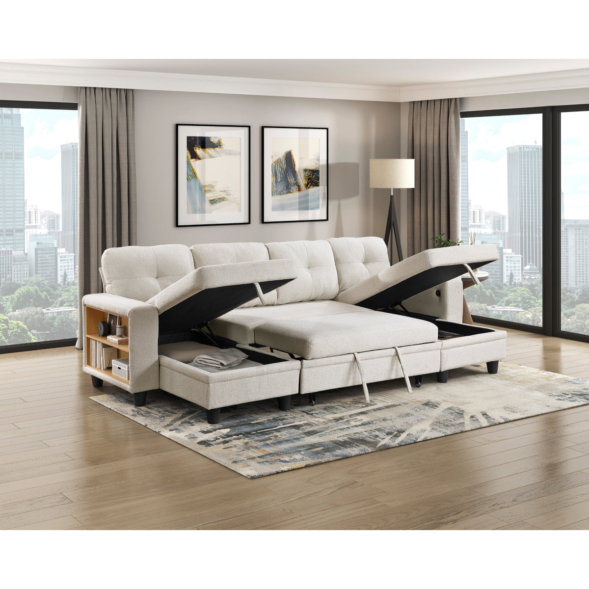 Robinson Sectional with Two Chaises, Pull-out Bed, Shelves and Charging Ports