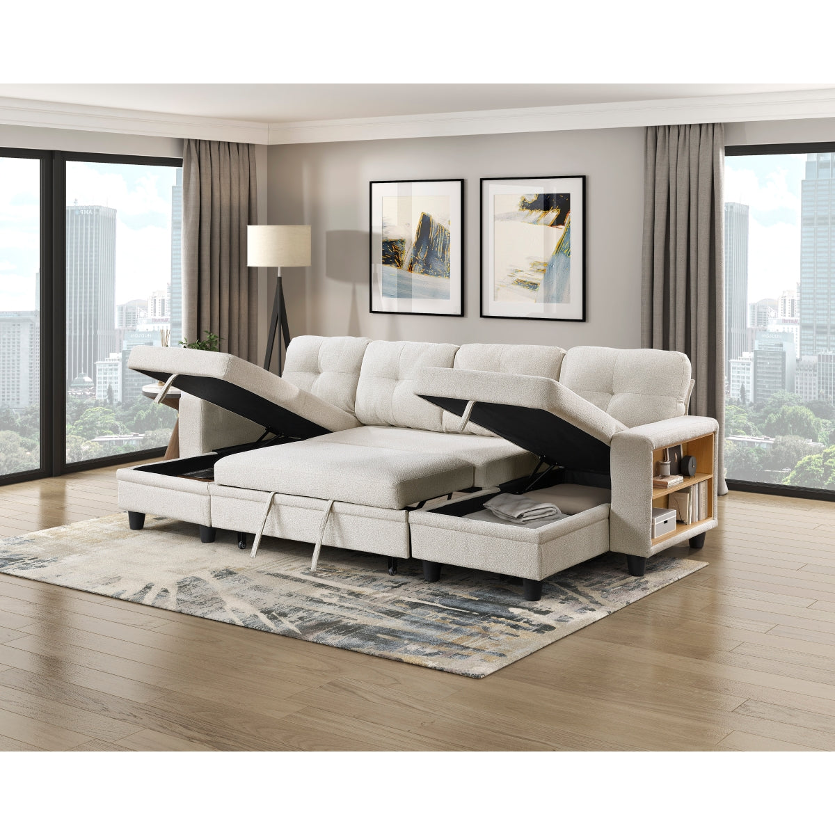 Robinson Sectional with Two Chaises, Pull-out Bed, Shelves and Charging Ports