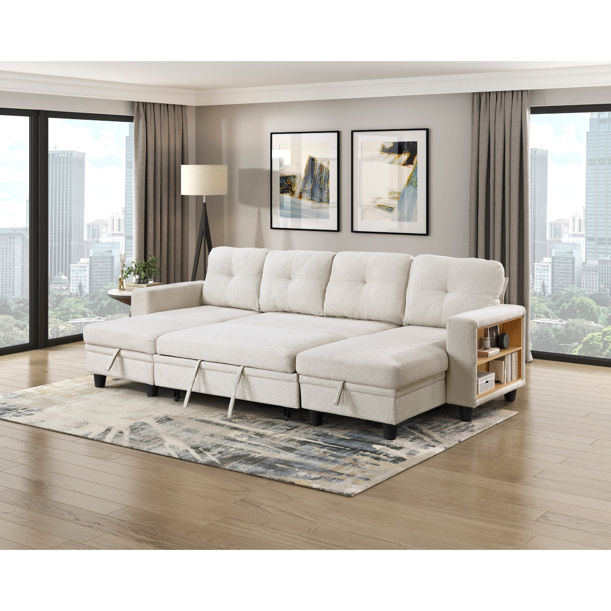 Robinson Sectional with Two Chaises, Pull-out Bed, Shelves and Charging Ports