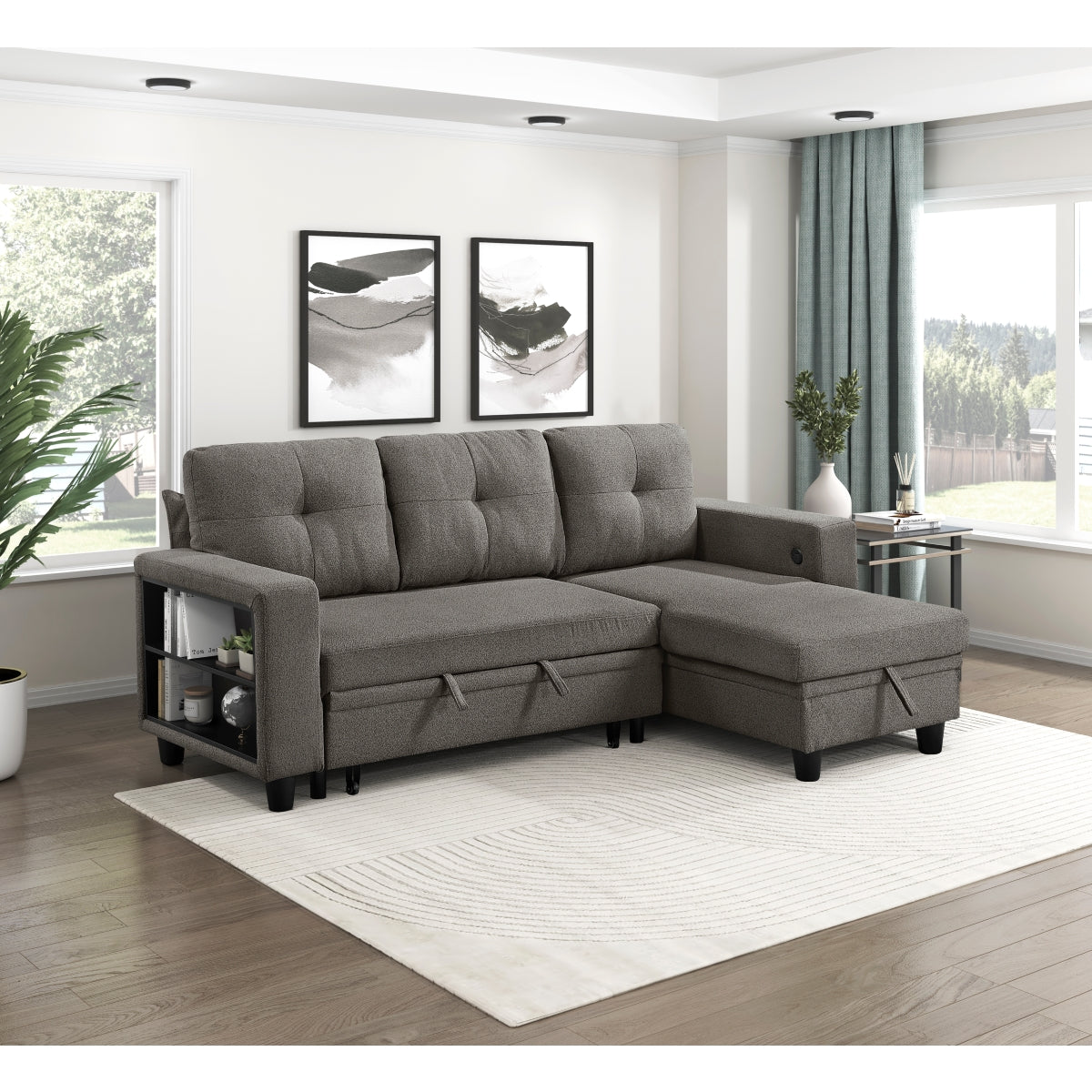 Robinson Sectional with Reversible Chaise, Pull-out Bed, Shelves and Charging Ports