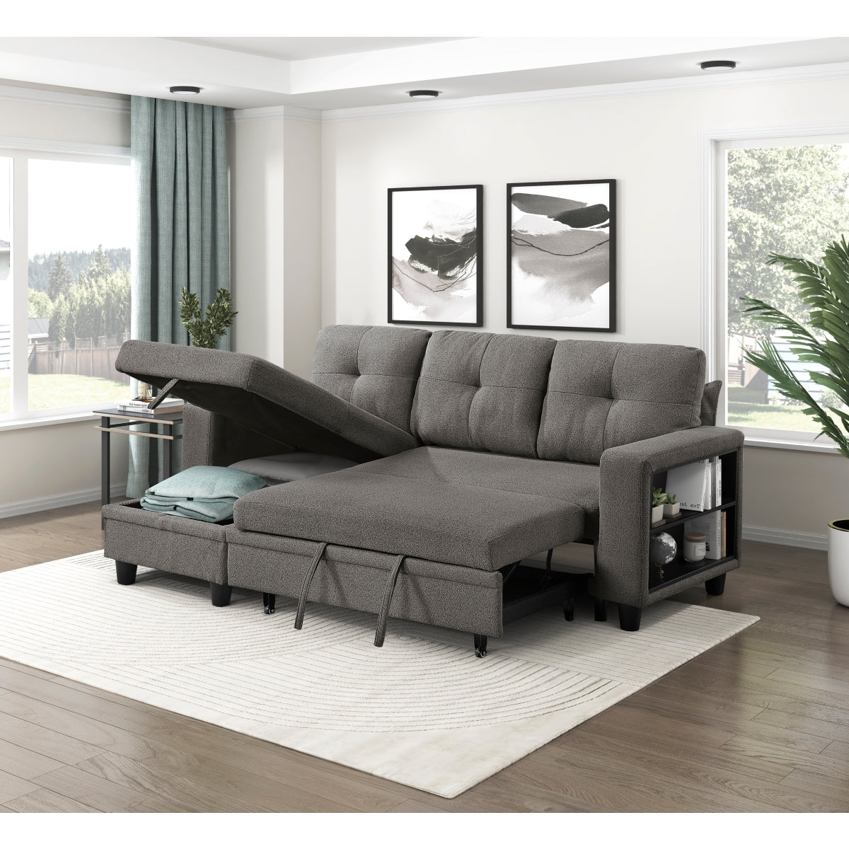 Robinson Sectional with Reversible Chaise, Pull-out Bed, Shelves and Charging Ports