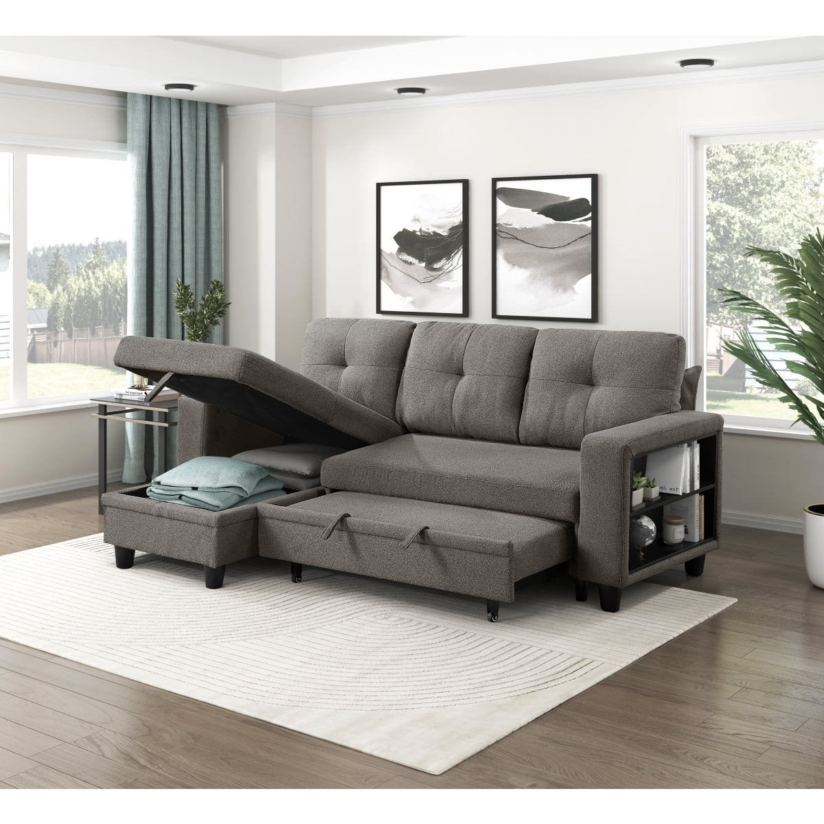 Robinson Sectional with Reversible Chaise, Pull-out Bed, Shelves and Charging Ports