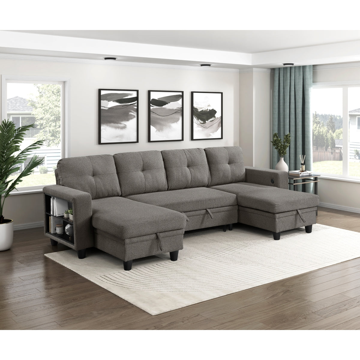 Robinson Sectional with Two Chaises, Pull-out Bed, Shelves and Charging Ports