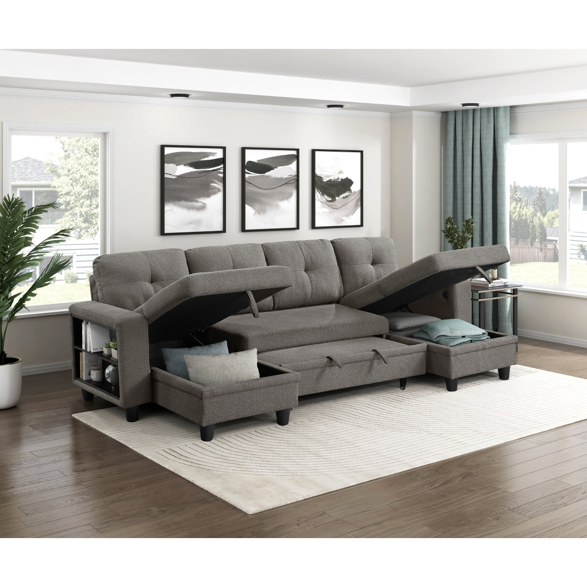 Robinson Sectional with Two Chaises, Pull-out Bed, Shelves and Charging Ports