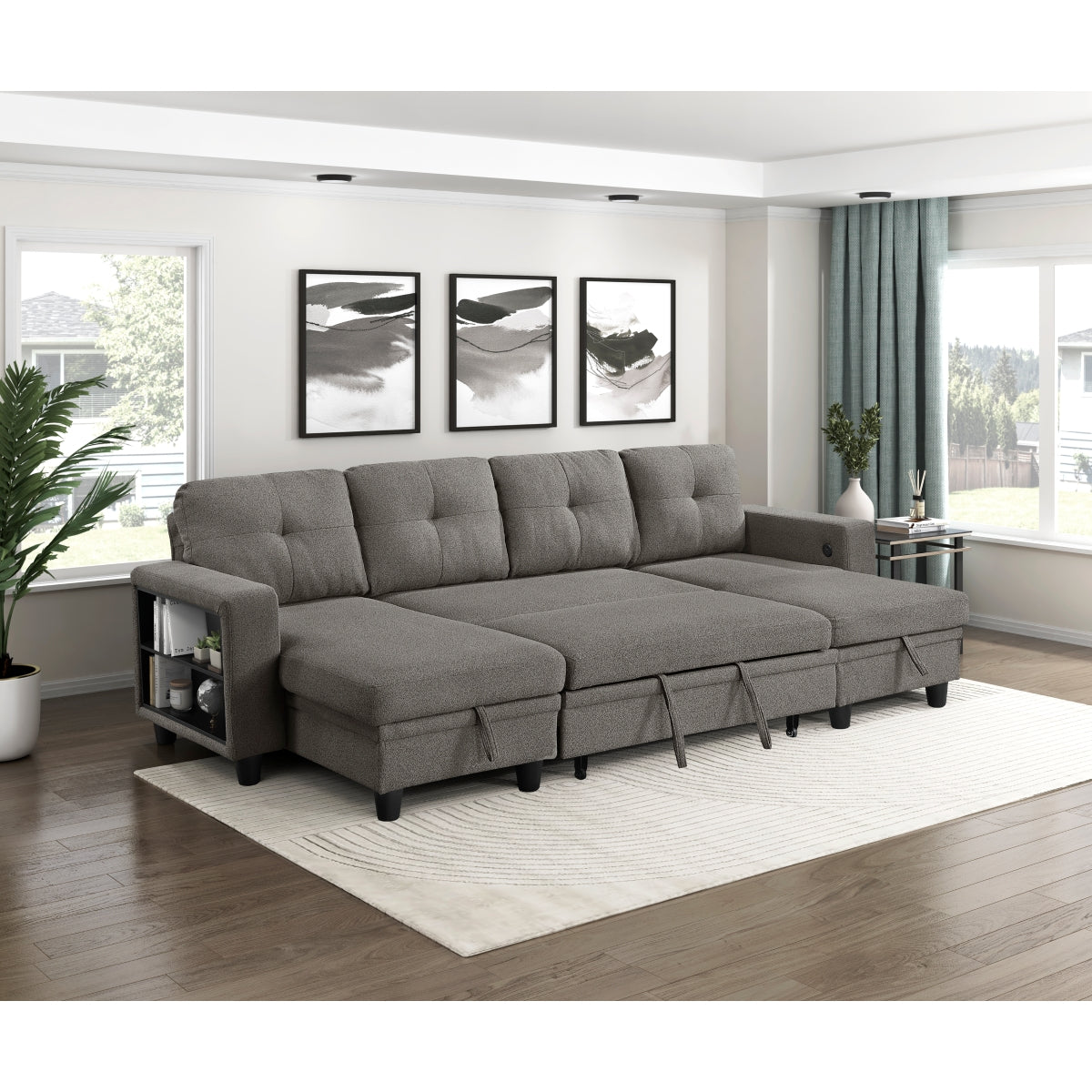 Robinson Sectional with Two Chaises, Pull-out Bed, Shelves and Charging Ports