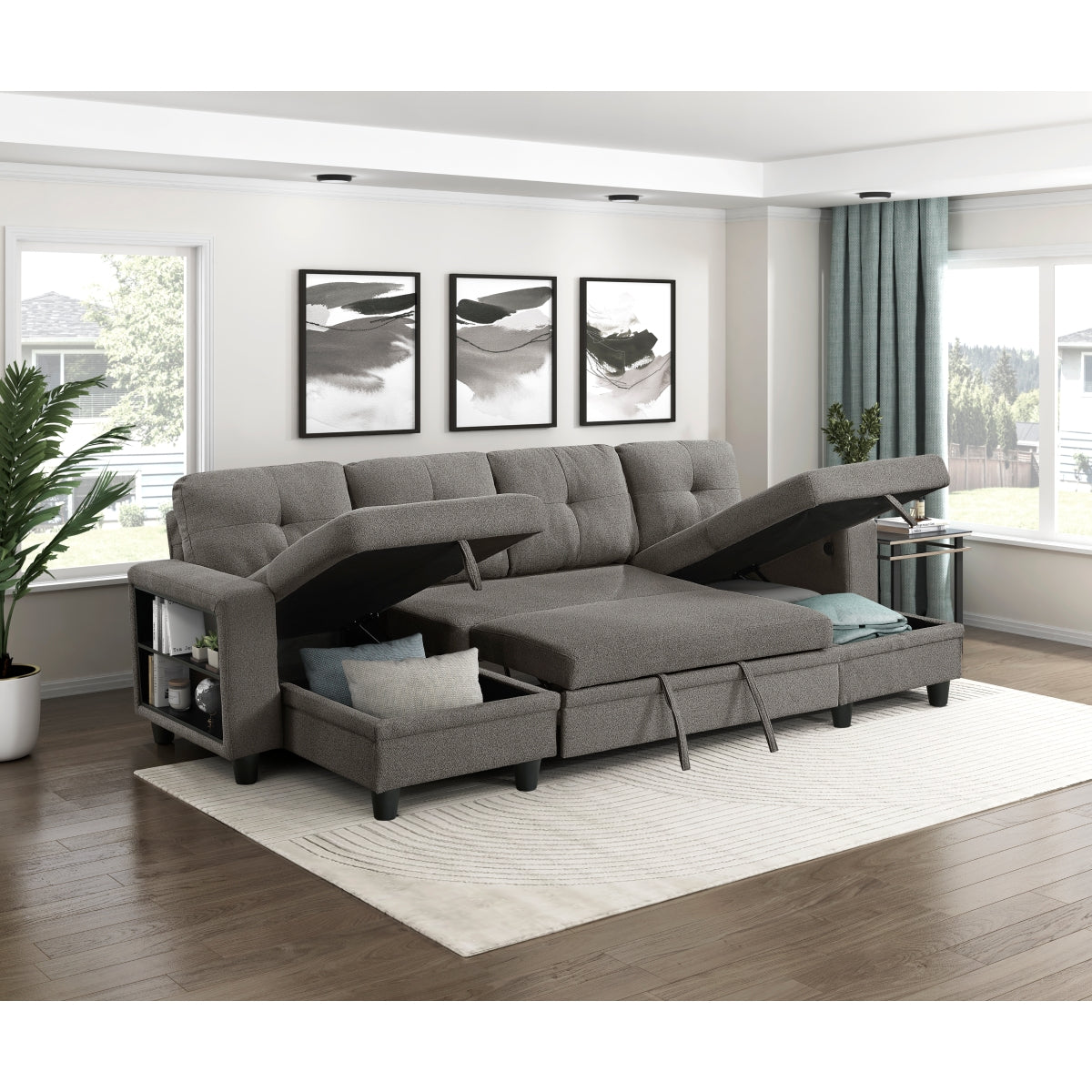 Robinson Sectional with Two Chaises, Pull-out Bed, Shelves and Charging Ports