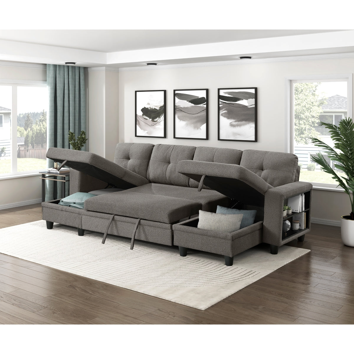 Robinson Sectional with Two Chaises, Pull-out Bed, Shelves and Charging Ports